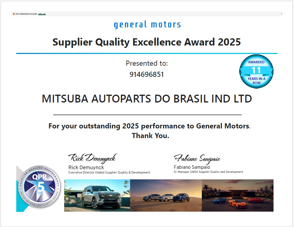 Supplier Quality Excellent Award 2025賞状
